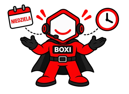 Boxi z rozłożonymi rękami, obok kartka z kalendarza „Niedziela” i zegar, wynajem o każdej porze