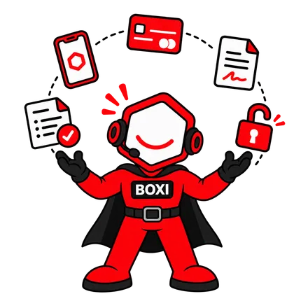 Boxi z uniesionymi rękami, wokół niego cykl najmu: telefon, karta, umowa, kłódka, faktura