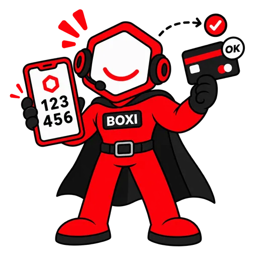 Boxi z telefonem z kodem BLIK w jednej ręce i kartą z napisem OK w drugiej