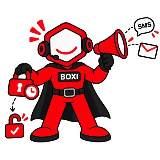 Boxi z megafonem, z którego wylatują SMS i e-mail, w drugiej ręce kłódka zamknięta za zaległość i otwarta po wpłacie