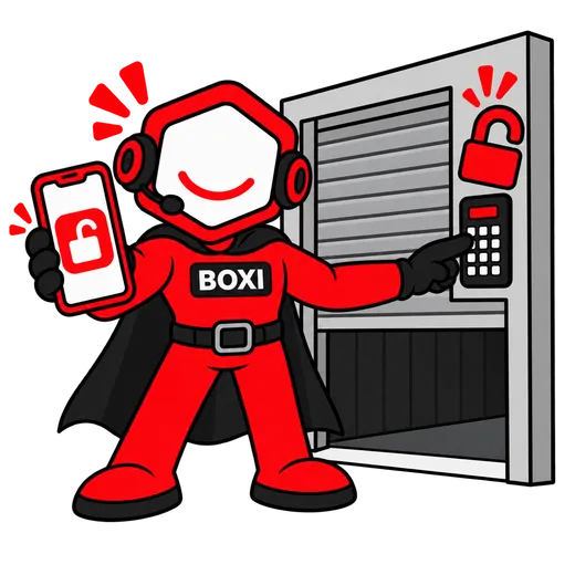 Boxi z telefonem z otwartą kłódką na ekranie wpisuje kod na klawiaturze przy bramie komórki