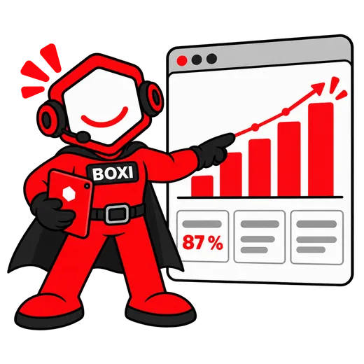 Boxi z tabletem pokazuje na ekranie wykres słupkowy z rosnącym trendem i obłożenie 87 %
