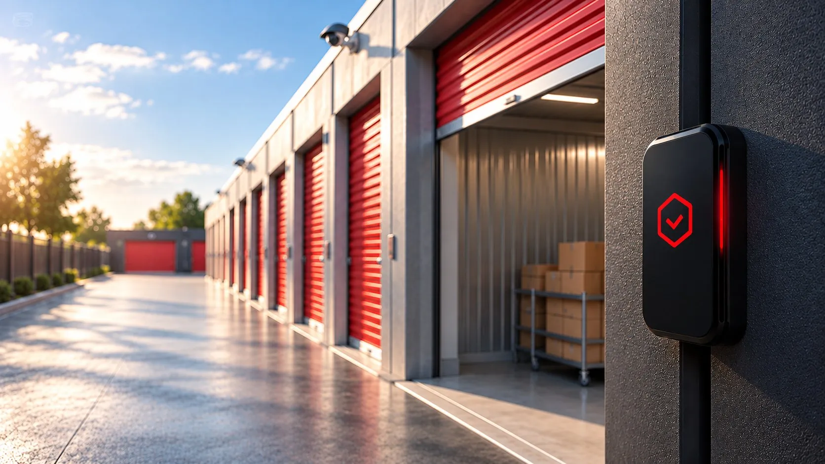 Rząd czerwonych bram self-storage, jedna otwarta, obok czytnik kodu z logo Boxi